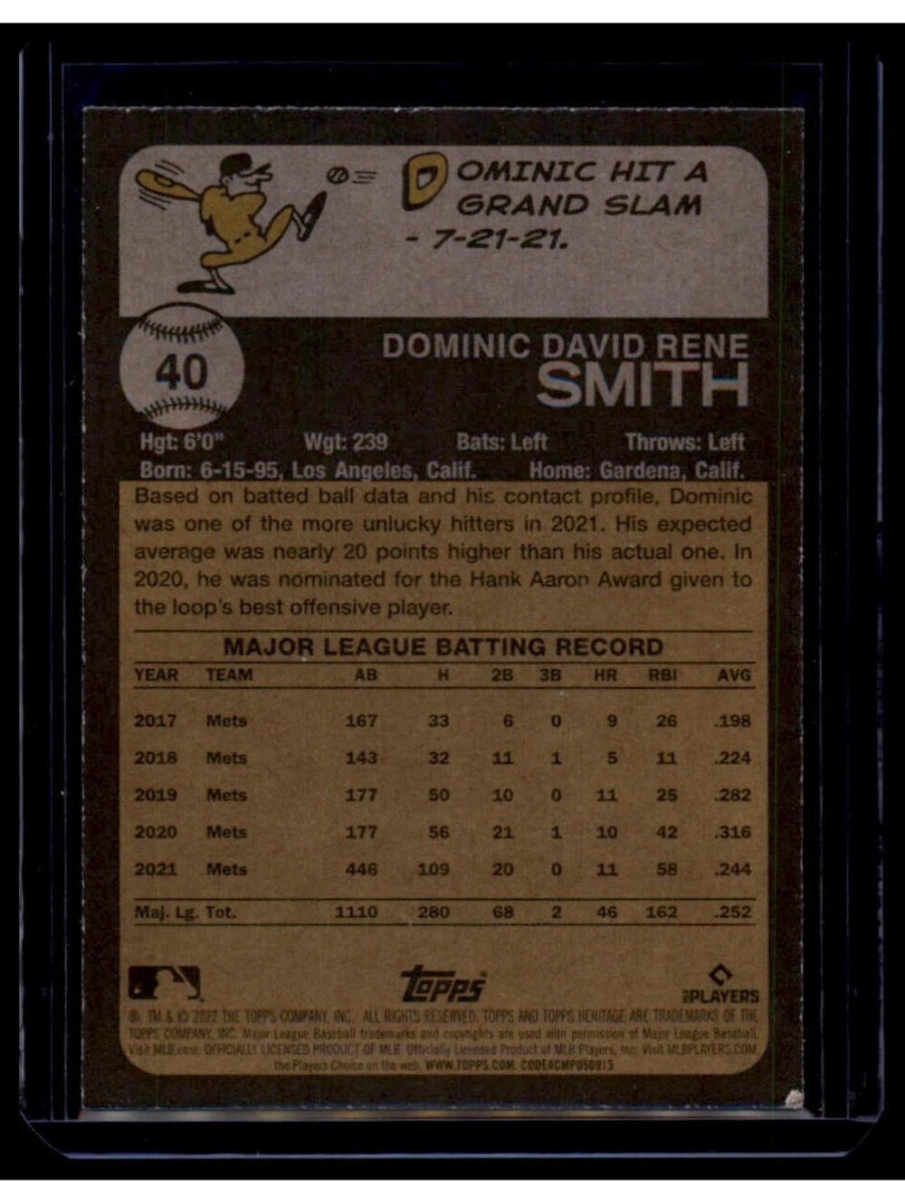 2022 Topps Heritage Dominic Smith #40 New York Mets OF/1B - Picture 2 of 2